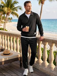 Conjunto Deportivo para Hombre, Negro, con Cierre de Cremallera a la Mitad, Manga Larga, Color Sólido, Informal, Transpirable, de Poliéster, Corte Regular, Pantalones con Cordón Ajustable - Product Image 5