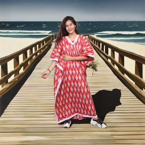 Floor-Length Natural Waist V-neck Floral Print Cotton Kaftan for Women Eco-Friendly Casual Arabian Beach Wear <b>Red</b> Wholesale - Product Image 2