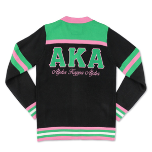 AKA 1908 Cardigan long femme noir et rose d'hiver, anti-rides, en tricot boutonné, avec broderie chenille, pour tenue de sororité grecque - Product Image 2