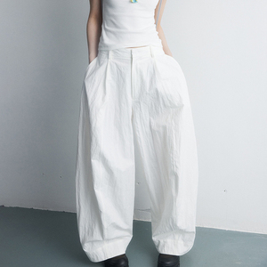 White Women's Loose Wide Leg Harem Pants High <b>Waist</b> Full Length Cotton Casual Summer <b>Trousers</b> Pockets <b>Elastic</b> <b>Waist</b> Breathable - Product Image 2