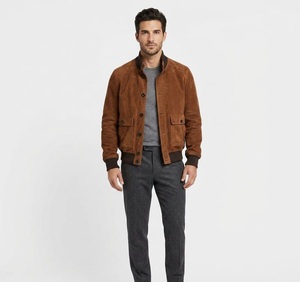 Blouson aviateur en cuir véritable marron A1 pour homme, doublé en polaire, séchage rapide, col montant, décontracté pour l'hiver - Product Image 2