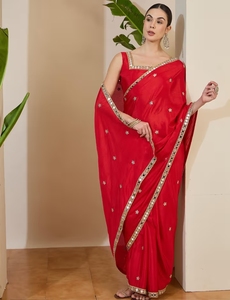KV Chinnon <b>Red</b> Embellished Designer Saree With Unstitched <b>Blouse</b> - Product Image 1