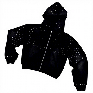 Sweat-shirt à capuche zippé noir pour homme avec motif à pois blancs, coupe ample, décontracté, en coton tricoté respirant, style court, pour l'automne - Product Image 2