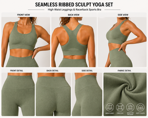 Women Seamless Ribbed <b>Yoga</b> <b>Set</b> High Waist Leggings Racerback Sports Bra Gym Fitness Activewear Wholesale - Product Image 5