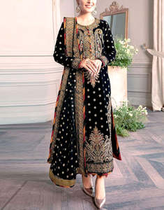 Black Embroidered Velvet Anarkali Suit Long Shirt Length Traditional Indian Pakistani Wedding <b>Dress</b> Women Formal Evening Wear - Product Image 4