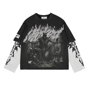 เสื้อยืดแขนยาวทรงโอเวอร์ไซส์ ลายพิมพ์ดิจิทัลรูปหัวกะโหลก สไตล์สตรีทแวร์ สำหรับผู้ชาย สีดำ ม่วง เบจ ดีไซน์คอกลม - Product Image 2