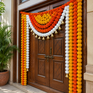 Orange Yellow <b>White</b> Marigold Garland Toran with Golden Bells Festive Door <b>Hanging</b> for Wedding Diwali and Home Decor Entrance - Product Image 5