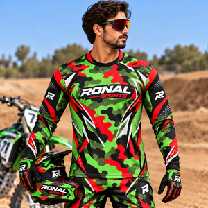 Maillot de motocross à manches longues pour homme RONAL SPORTS, camouflage vert rouge noir, séchage rapide, manches longues, chemise de course pour adulte, moto - Product Image 3