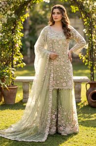 Designer <b>Net</b> Sharara Suit Set with <b>Dupatta</b> Heavy Embroidery Ethnic Wedding Party Wear Outfit with Satin Inner Elegant Style - Product Image 6