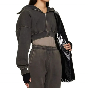 Sweat à capuche vintage en coton délavé pour femme, style streetwear, personnalisé, zippé, hiver, broderie 3D, imprimé, en molleton tricoté - Product Image 5