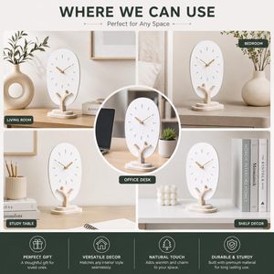 Reloj de Escritorio Circular Minimalista con Base de Madera, Movimiento de Cuarzo Silencioso, Esfera Blanca, Manecillas Doradas, Función de Snooze, Luminova, Diseño Moderno - Product Image 5