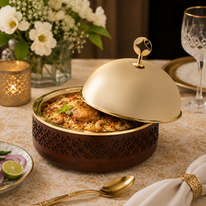 Olla de lujo de acero inoxidable dorado con aislamiento de madera, tazón para servir alimentos, vajilla premium para cocina, buffet y regalos. - Product Image 4
