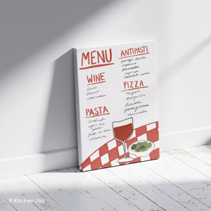 Decoración de pared de cocina de estilo moderno, póster minimalista con menú italiano, vino, aceitunas y patrón de guinga roja, arte en lienzo con marco de madera - Product Image 2