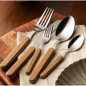 Ensemble de couverts en acier inoxydable de qualité supérieure, manche en bois, style moderne, finition miroir, argenté, durable, pour la maison, prix bas - Product Image 1