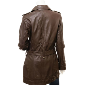 Women's Brown Genuine Leather Moto Jacket Full Sleeve <b>Stand</b> Collar Zipper Closure Long Length Windproof Autumn Wear - Product Image 2