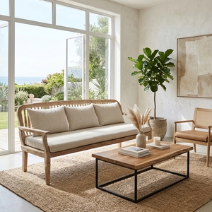 Premium wooden kaliandra triple <b>sofa</b> minimalist solid teak <b>wood</b> living room three seater couch natural cream cushion seating - Product Image 4
