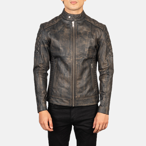 Mans Fernando Quilted Distressed Brown <b>Leather</b> Breathable Vintage Style Biker <b>Jacket</b> Accordion Side Pockets Band Collar for - Product Image 4