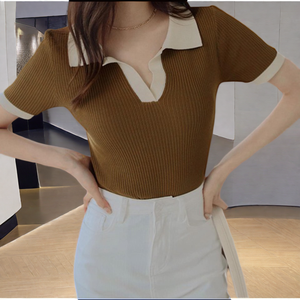 Top vente femmes Slim été 2024 col polo manches courtes T-Shirt tricoté à la mode décontracté maigre par le fabricant - Product Image 1