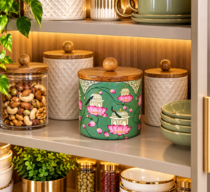 Recipiente Hermético Decorativo de Metal con Tapa de Madera y Diseño Floral Verde Azulado, Recipiente de Cocina de Lujo para Frutos Secos, Nueces y Galletas - Product Image 2