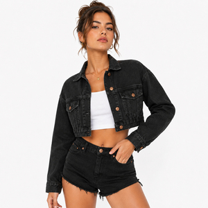 Black <b>Cropped</b> Jeans <b>Jacket</b> Women's Turn Down Long Sleeve <b>Denim</b> <b>Jackets</b> Button Closure Crop Trucker <b>Jacket</b> Ladies Winter Wear - Product Image 2