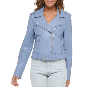 Blouson moto en cuir PU bleu clair pour femme avec fermeture éclair et ceinture à la taille, manches longues, col ouvert, style automne - Product Image 1