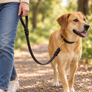 Laisse pour chien classique en cuir noir uni avec boucle réglable, nœud tressé et quincaillerie dorée - Product Image 5