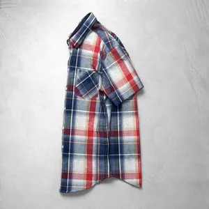 Wholesale Custom <b>Mens</b> Red Blue White Plaid <b>Check</b> Casual <b>Shirt</b> <b>Short</b> <b>Sleeve</b> Chest Pocket Yarn Dyed <b>Check</b> <b>Shirt</b> Plain No Logo - Product Image 3