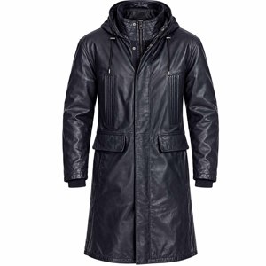 <b>Men's</b> Dark <b>Navy</b> Leather Long Parka <b>Coat</b> Winter Fashion Full Zip Jacket Waterproof Breathable Quick Dry Multi Pockets - Product Image 1