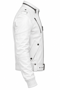 Men's <b>White</b> PU Leather Moto <b>Jacket</b> Stand Collar Zipper Closure Belted Slim Fit <b>Biker</b> Style Autumn Winter Wear - Product Image 4