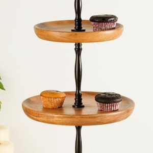 Three-<b>Tier</b> Wooden <b>Cake</b> Stand Featuring Natural Wood Grain Trays Black Metal Spindle Rod Convenient Ring Handle For Serving - Product Image 3