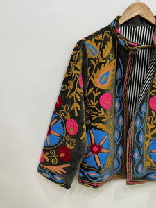 Women's Black Floral Embroidered <b>Quilted</b> Jacket Colorful Traditional Ethnic Design 100% Cotton Eco-Friendly <b>Thick</b> - Product Image 4