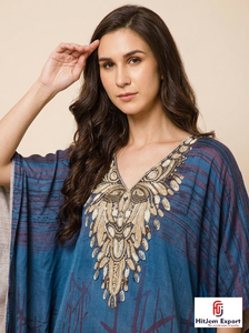 Vestido Largo Kaftan de Rayón Estampado Azul para Mujer, Marca HitJem Export, Corte Holgado, Manga Larga, Elegante, Estilo Línea A, Ropa de Verano - Product Image 2