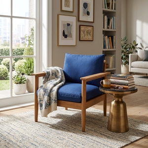 Sillón de Madera de Teca Sólida con Cojín Azul Rey, Hecho a Mano, para Sala de Estar, Silla Individual Moderna para Patio o Terraza - Product Image 3