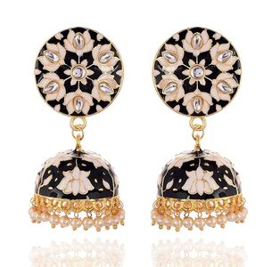 Pendientes Jhumka Tradicionales de Fusión Étnica con Cuentas de Cristal y Pedrería, Baño de Cobre Antiguo, Forma de Flor, Base de Aleación Resistente - Product Image 6