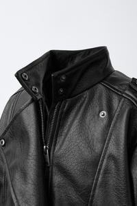Blouson moto en cuir PU noir pour homme, col montant, fermeture éclair, longueur standard, coupe classique, style automne, garniture en fourrure, doublure en fausse fourrure - Product Image 6