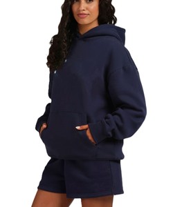 Unisex <b>Navy</b> Blue Hoodie Polyester/Cotton <b>Fleece</b> Oversized Solid Color Full Sleeve Breathable Regular Length Custom Design - Product Image 2