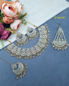 <b>Floral</b> Cluster Cubic Zirconia Necklace Set With Pasa Mang Tika And Earrings Antique Gold Plated Fashion <b>Jewellery</b> Set For Womens - Product Image 2