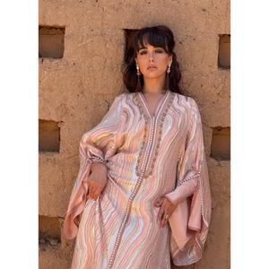 Two-piece Maxi <b>Kaftan</b> Crafted From Silk in a Pink Gold Silver Pattern V-neckline Flowy Wide Sleeves Natural Waist Pink Plain - Product Image 5