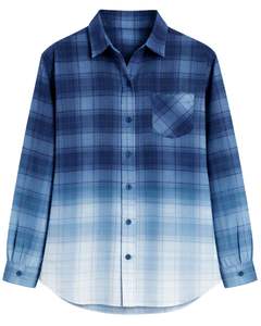 Chemise en flanelle à carreaux bleu dégradé personnalisée pour femme, manches longues, boutonnée, décontractée, en mélange de coton, pour l'automne et l'hiver - Product Image 1
