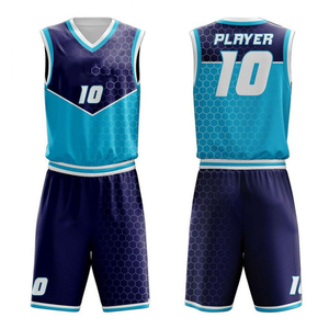 Custom Sublimated Basketball Jersey Set Unisex Adult Quick Dry 100% <b>Polyester</b> V-Neck Sleeveless Geometric Print Blue Navy White - Product Image 1