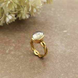 Vintage Oval Rainbow Moonstone Unisex Ring 14K Gold Plated Scalloped Infinity Band Daily Wear Boho Statement Jewelry - Product Image 4