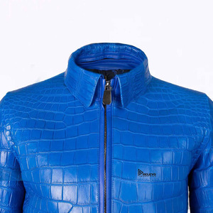 Blue Men Crocodile Leather Jacket New Fashion Turn <b>Down</b> Collar Solid Color Leather Jacket Leather Quilted Motorcycle-style Men's - Product Image 2