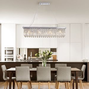 Modern 8-<b>Light</b> <b>White</b> Rectangle Crystal Chandelier Contemporary Rectangular Pendant <b>Light</b> Fixture Kitchen Island Dining Room Bar - Product Image 1