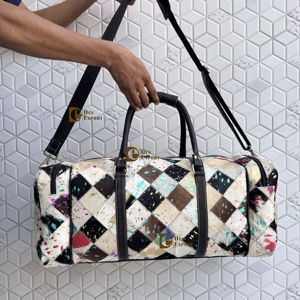 Latest Arrival Metallic Fur <b>Leather</b> Luggage <b>Bags</b> Checks Design Handmade <b>Bag</b> Unisex Travel <b>Bag</b> Multi Uses Big Size Duffel <b>Bag</b> - Product Image 1