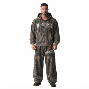 Conjunto de Sudadera con Capucha y Pantalones Deportivos para Hombre, Color Marrón Grisáceo, Estampado Botánico, Cierre de Cremallera, Corte Holgado, Estilo Urbano, Personalizable OEM ODM, Venta al Por Mayor - Product Image 1