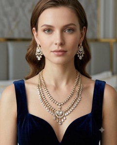 Ensemble de collier long à motif goutte d'eau double couche avec boucles d'oreilles assorties, bijoux ethniques de mariée plaqués or antique traditionnels - Product Image 6