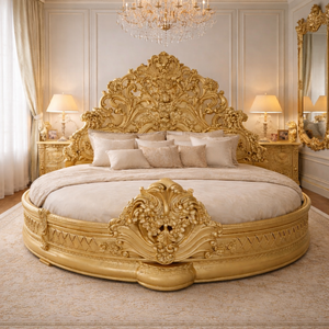 เตียงขนาดใหญ่สไตล์หรูหรา ทนทาน ซักทำความสะอาดได้ สำหรับบ้านหรูหรา ทำจากไม้สักแกะสลักด้วยมือ ตกแต่งด้วยสีทอง เฟอร์นิเจอร์ห้องนอนทันสมัยจากอินเดีย - Product Image 1