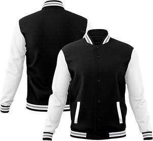 Men's Red Black Varsity Jacket Preppy Style O-Neck Single Breasted Regular Fit <b>Genuine</b> Leather Cotton Lining Reversible Quick - Product Image 1