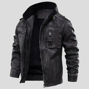 เสื้อแจ็คเก็ตหนังผู้ชายสไตล์คาเฟ่เรเซอร์สีเทาแบบดิสเทรส - Product Image 1