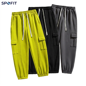 Solid Color Mid Waist Men's Elastic Waist Casual Windproof Breathable Knitted Cargo Sweatpants Big Pockets Ankle-Fitted Joggers - Product Image 4